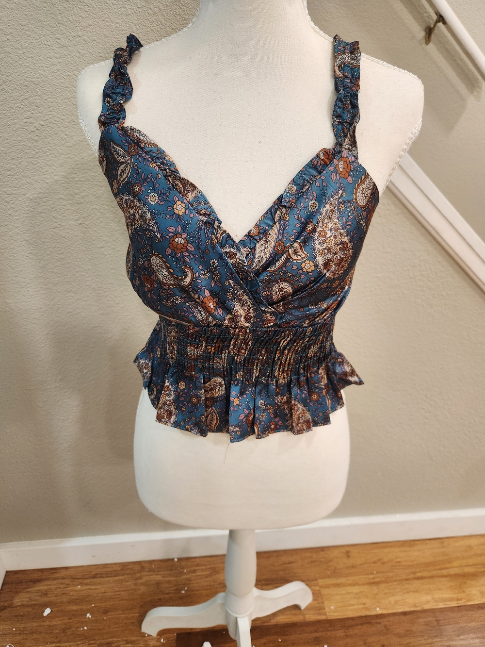 Timing Blue Paisley Smocked Peplum Cami
